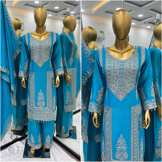 Fantastic Sky Color Pure Chinon Silk With Heavy Embroidery Coding Dori Sequence Work Palazzo Suit