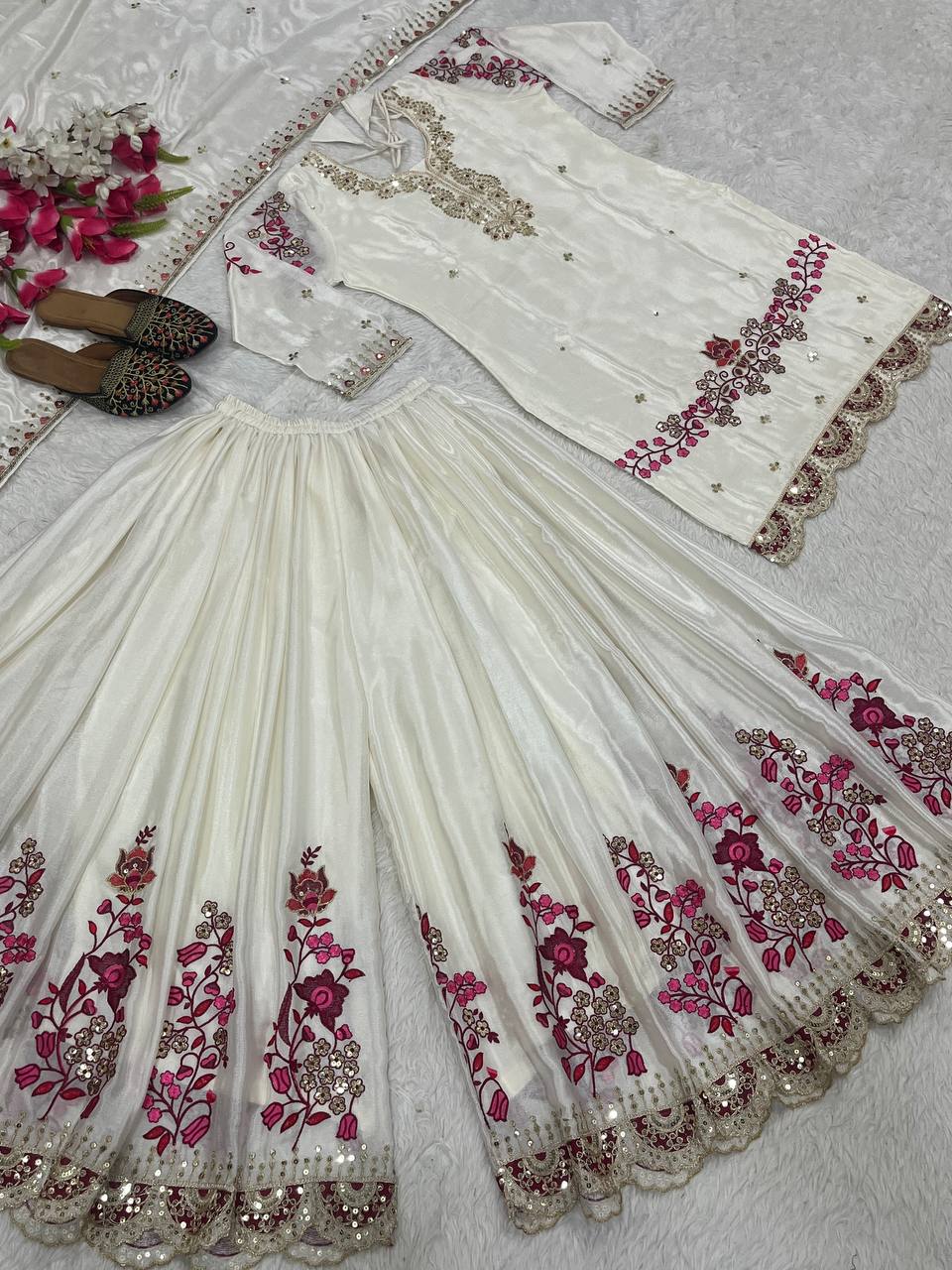 Peaceful Off White Color Chinon Silk Heavy Embroidery Work Palazzo Suit