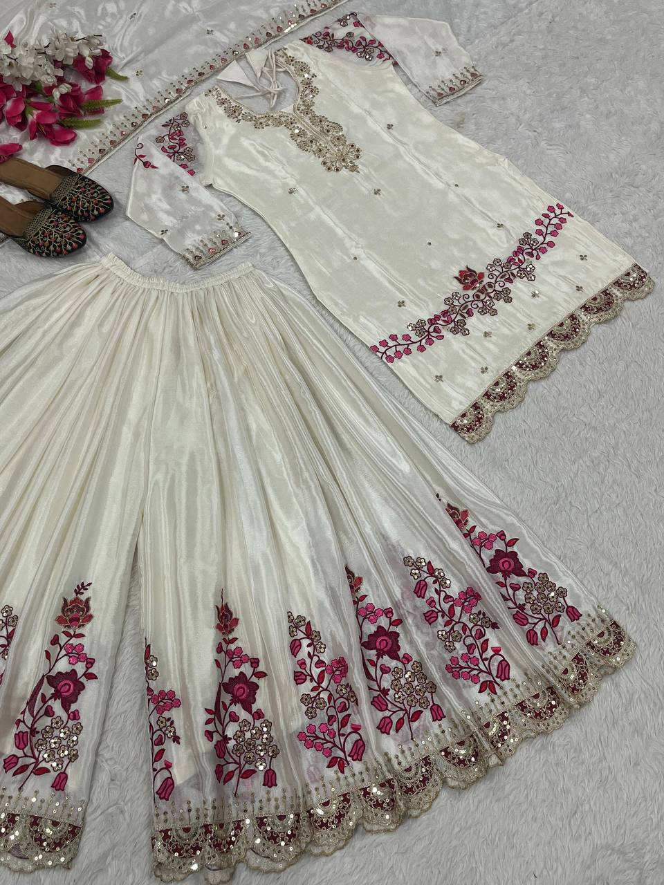 Peaceful Off White Color Chinon Silk Heavy Embroidery Work Palazzo Suit