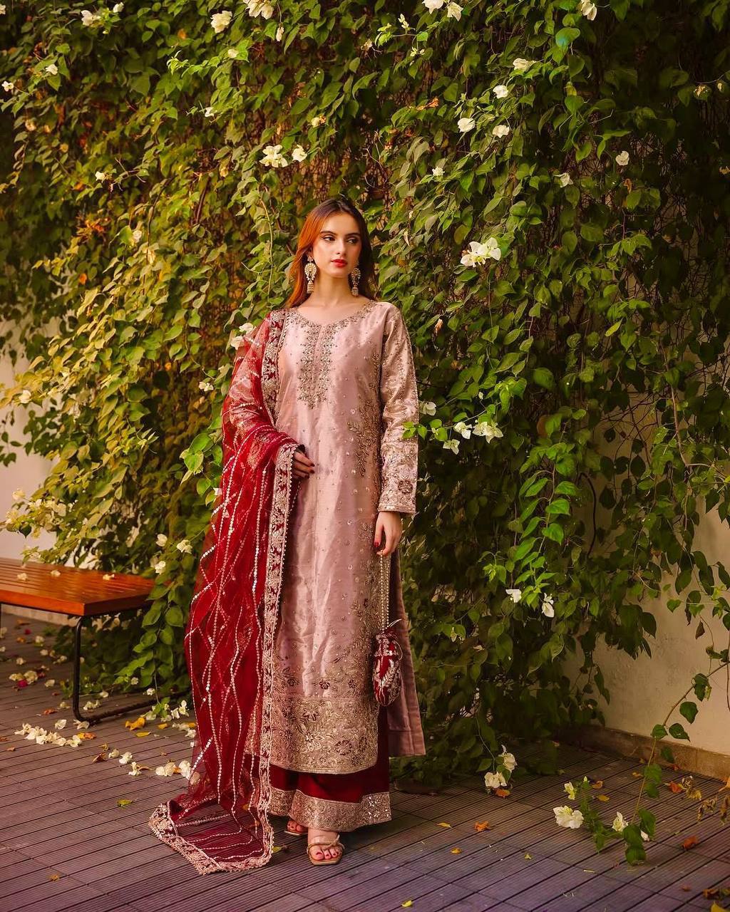 Elegant Peach Color Heavy Frendy Silk Beautiful Embroidery And Sequence Work Palazzo Suit