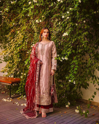 Elegant Peach Color Heavy Frendy Silk Beautiful Embroidery And Sequence Work Palazzo Suit