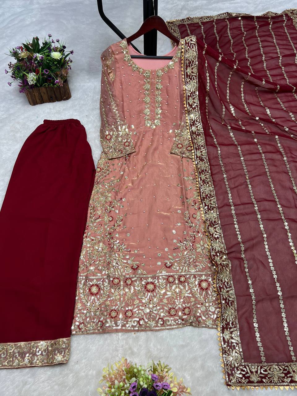 Elegant Peach Color Heavy Frendy Silk Beautiful Embroidery And Sequence Work Palazzo Suit