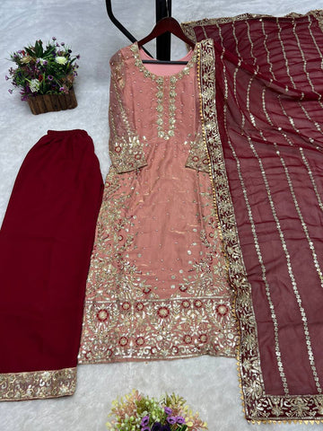 Elegant Peach Color Heavy Frendy Silk Beautiful Embroidery And Sequence Work Palazzo Suit