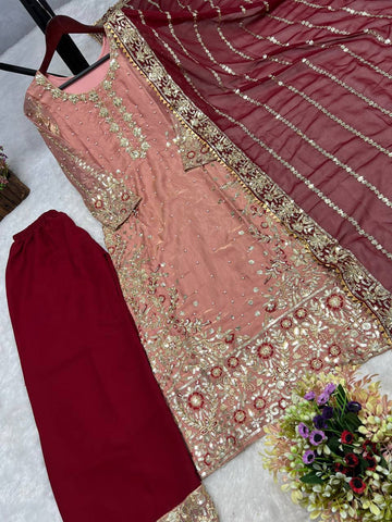 Elegant Peach Color Heavy Frendy Silk Beautiful Embroidery And Sequence Work Palazzo Suit
