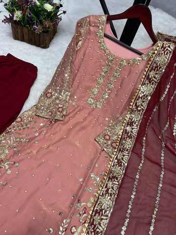 Elegant Peach Color Heavy Frendy Silk Beautiful Embroidery And Sequence Work Palazzo Suit