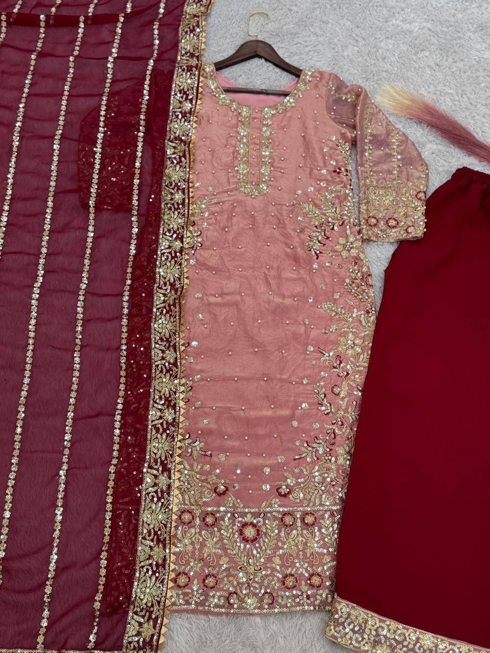 Elegant Peach Color Heavy Frendy Silk Beautiful Embroidery And Sequence Work Palazzo Suit