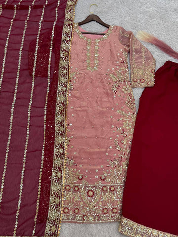 Elegant Peach Color Heavy Frendy Silk Beautiful Embroidery And Sequence Work Palazzo Suit