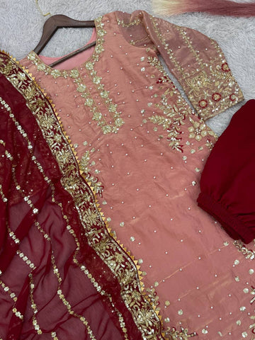 Elegant Peach Color Heavy Frendy Silk Beautiful Embroidery And Sequence Work Palazzo Suit