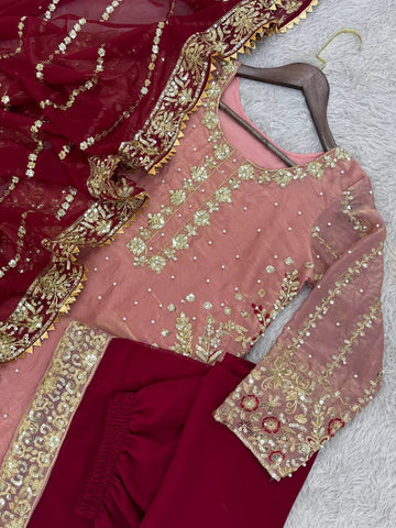 Elegant Peach Color Heavy Frendy Silk Beautiful Embroidery And Sequence Work Palazzo Suit