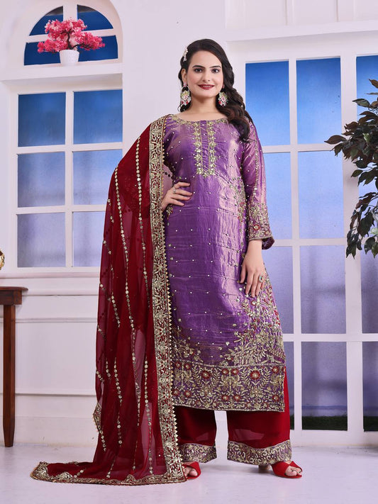 Terrific Purple Color Heavy Frendy Silk Beautiful Embroidery And Sequence Work Palazzo Suit