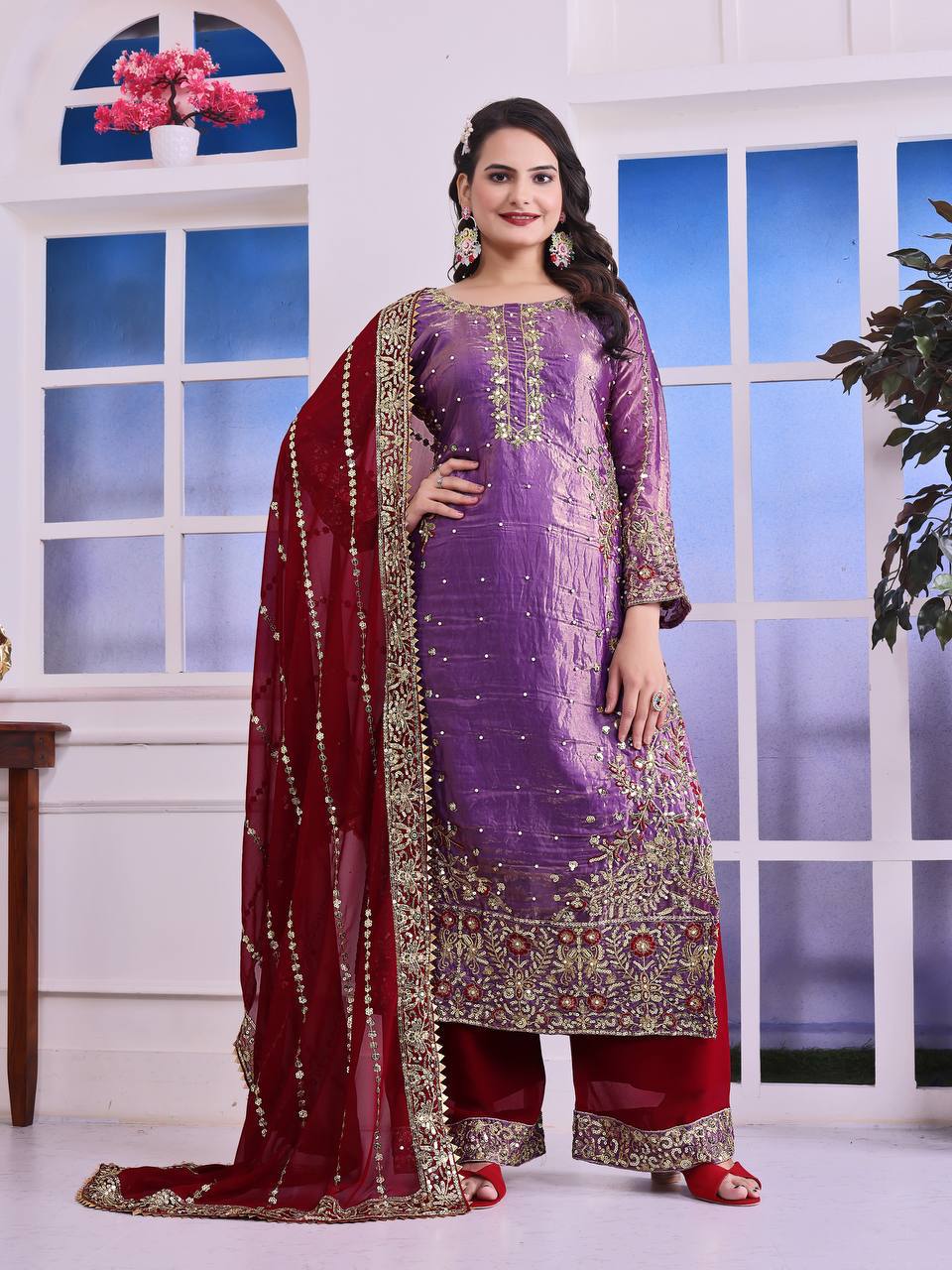 Terrific Purple Color Heavy Frendy Silk Beautiful Embroidery And Sequence Work Palazzo Suit