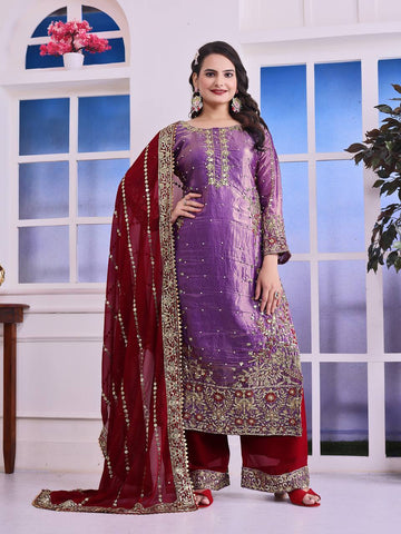 Terrific Purple Color Heavy Frendy Silk Beautiful Embroidery And Sequence Work Palazzo Suit