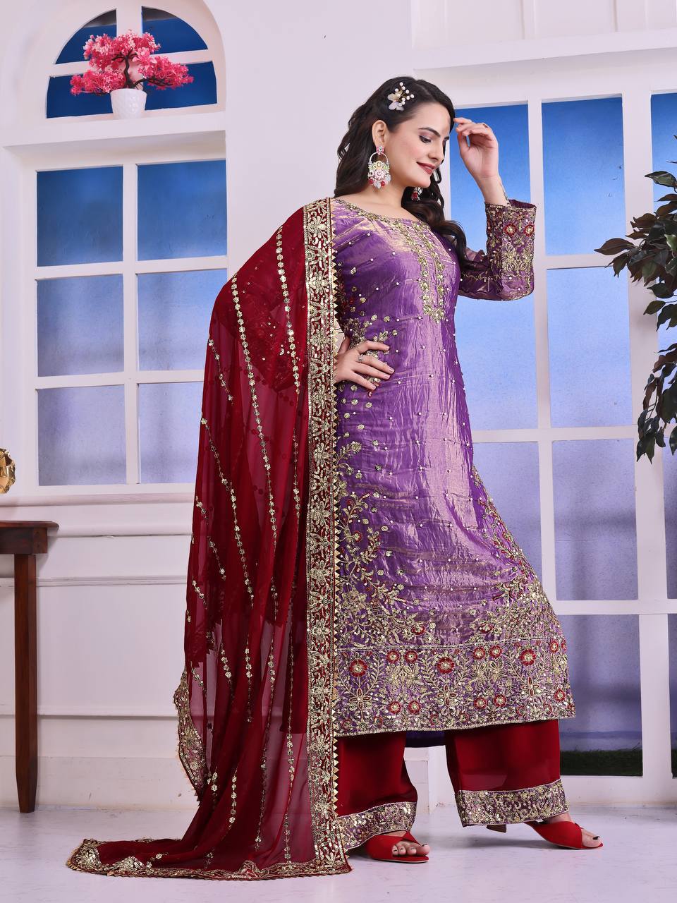 Terrific Purple Color Heavy Frendy Silk Beautiful Embroidery And Sequence Work Palazzo Suit