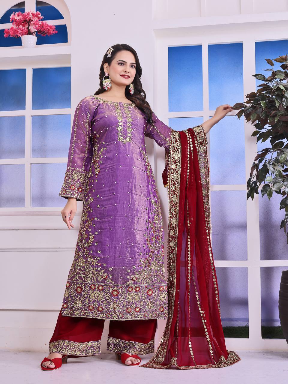 Terrific Purple Color Heavy Frendy Silk Beautiful Embroidery And Sequence Work Palazzo Suit