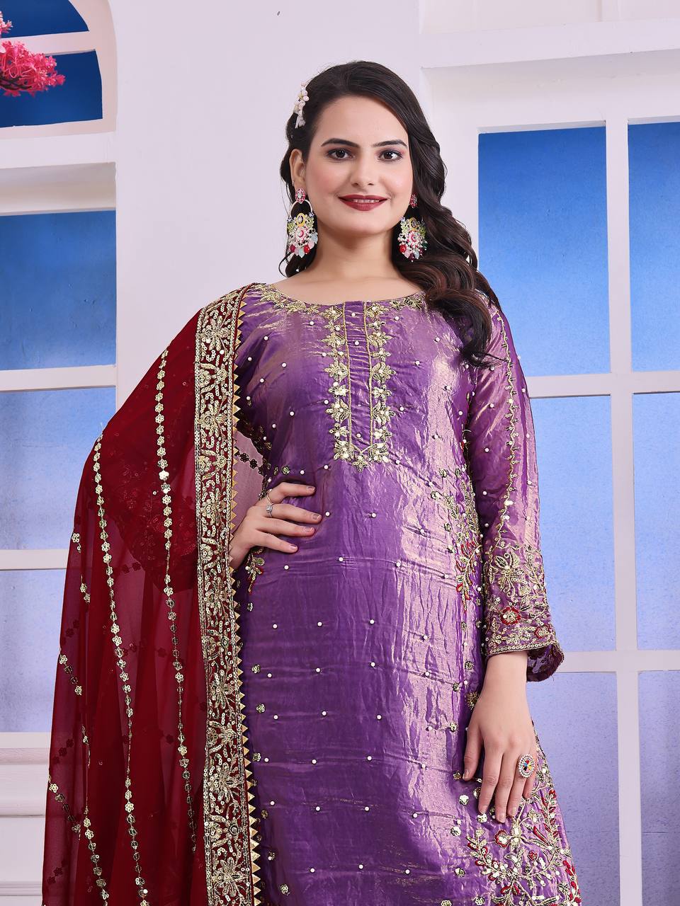 Terrific Purple Color Heavy Frendy Silk Beautiful Embroidery And Sequence Work Palazzo Suit