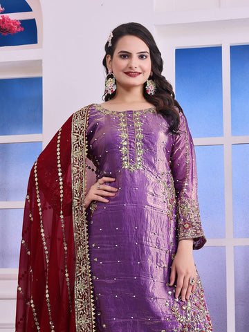 Terrific Purple Color Heavy Frendy Silk Beautiful Embroidery And Sequence Work Palazzo Suit