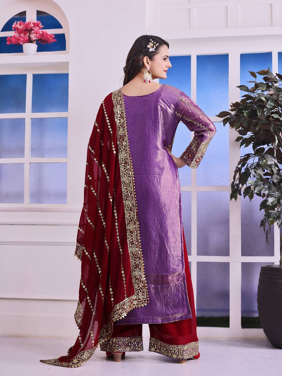 Terrific Purple Color Heavy Frendy Silk Beautiful Embroidery And Sequence Work Palazzo Suit