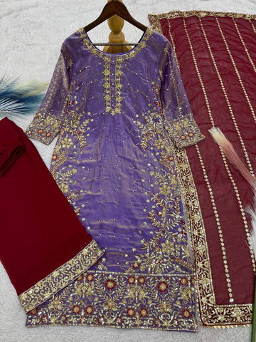 Terrific Purple Color Heavy Frendy Silk Beautiful Embroidery And Sequence Work Palazzo Suit