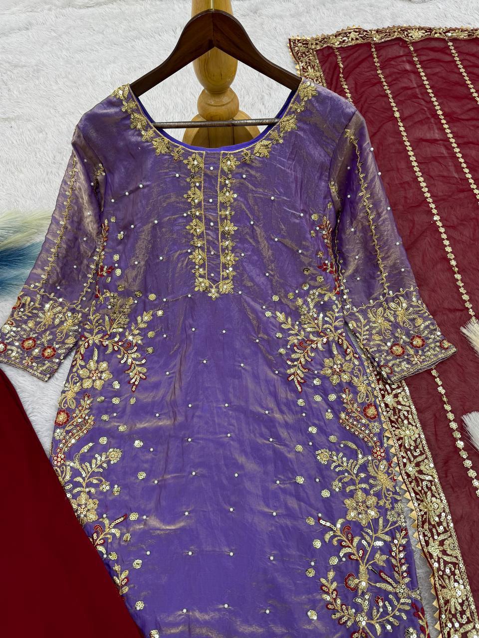 Terrific Purple Color Heavy Frendy Silk Beautiful Embroidery And Sequence Work Palazzo Suit