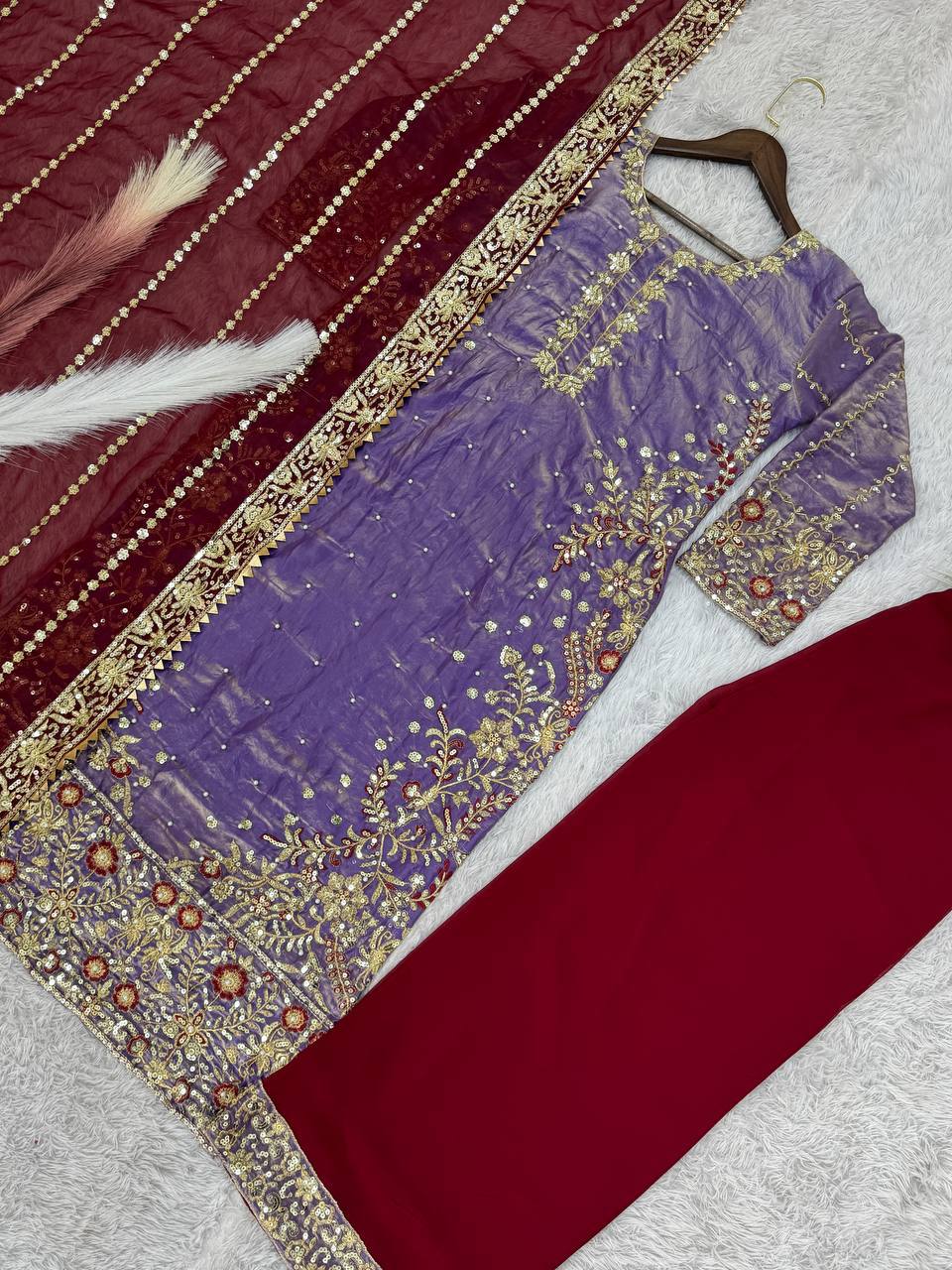 Terrific Purple Color Heavy Frendy Silk Beautiful Embroidery And Sequence Work Palazzo Suit