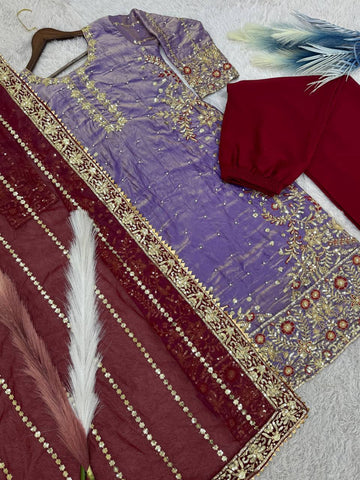 Terrific Purple Color Heavy Frendy Silk Beautiful Embroidery And Sequence Work Palazzo Suit