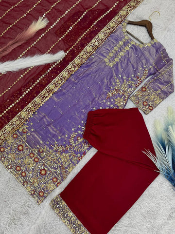 Terrific Purple Color Heavy Frendy Silk Beautiful Embroidery And Sequence Work Palazzo Suit