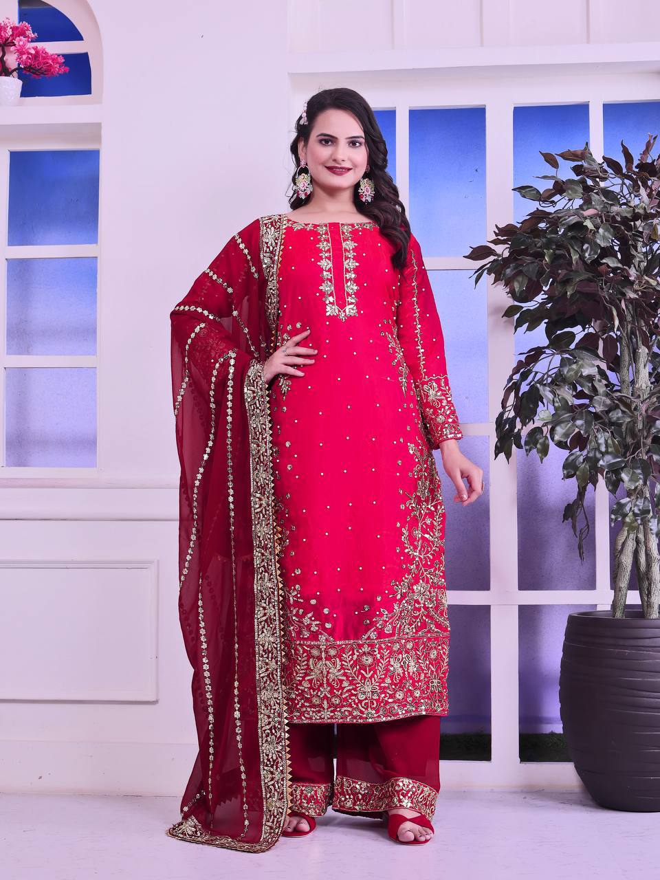 Blissful Red Color Heavy Frendy Silk Beautiful Embroidery And Sequence Work Palazzo Suit