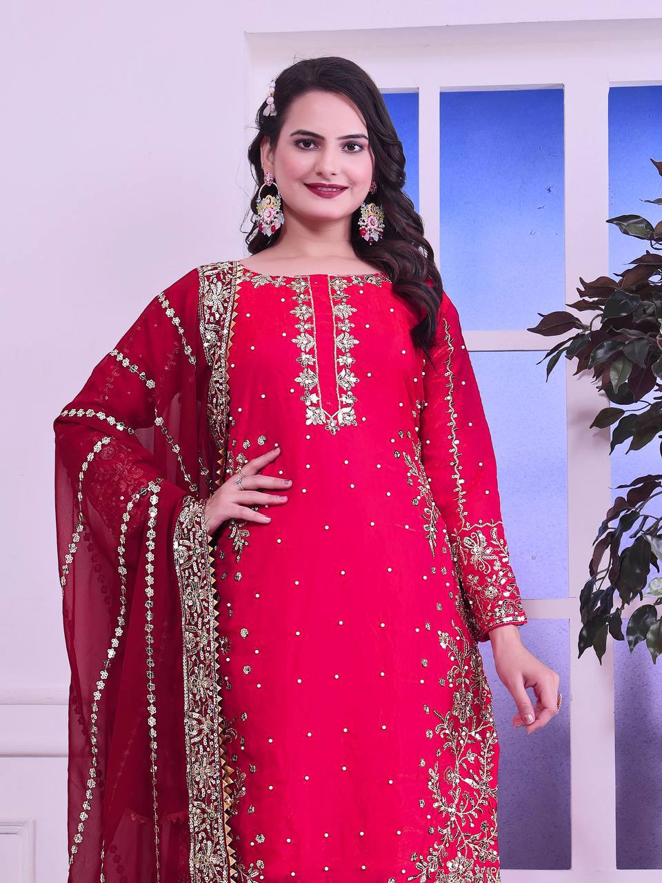 Blissful Red Color Heavy Frendy Silk Beautiful Embroidery And Sequence Work Palazzo Suit