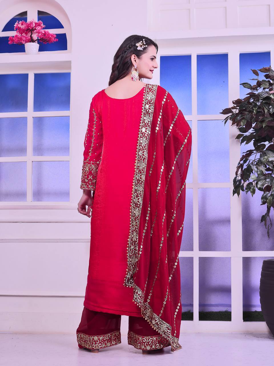 Blissful Red Color Heavy Frendy Silk Beautiful Embroidery And Sequence Work Palazzo Suit