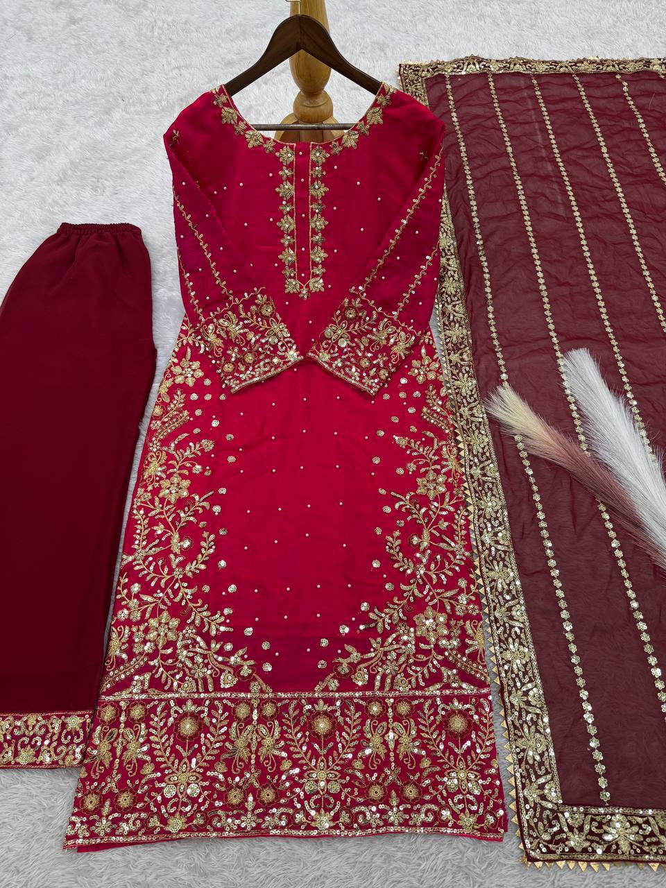 Blissful Red Color Heavy Frendy Silk Beautiful Embroidery And Sequence Work Palazzo Suit