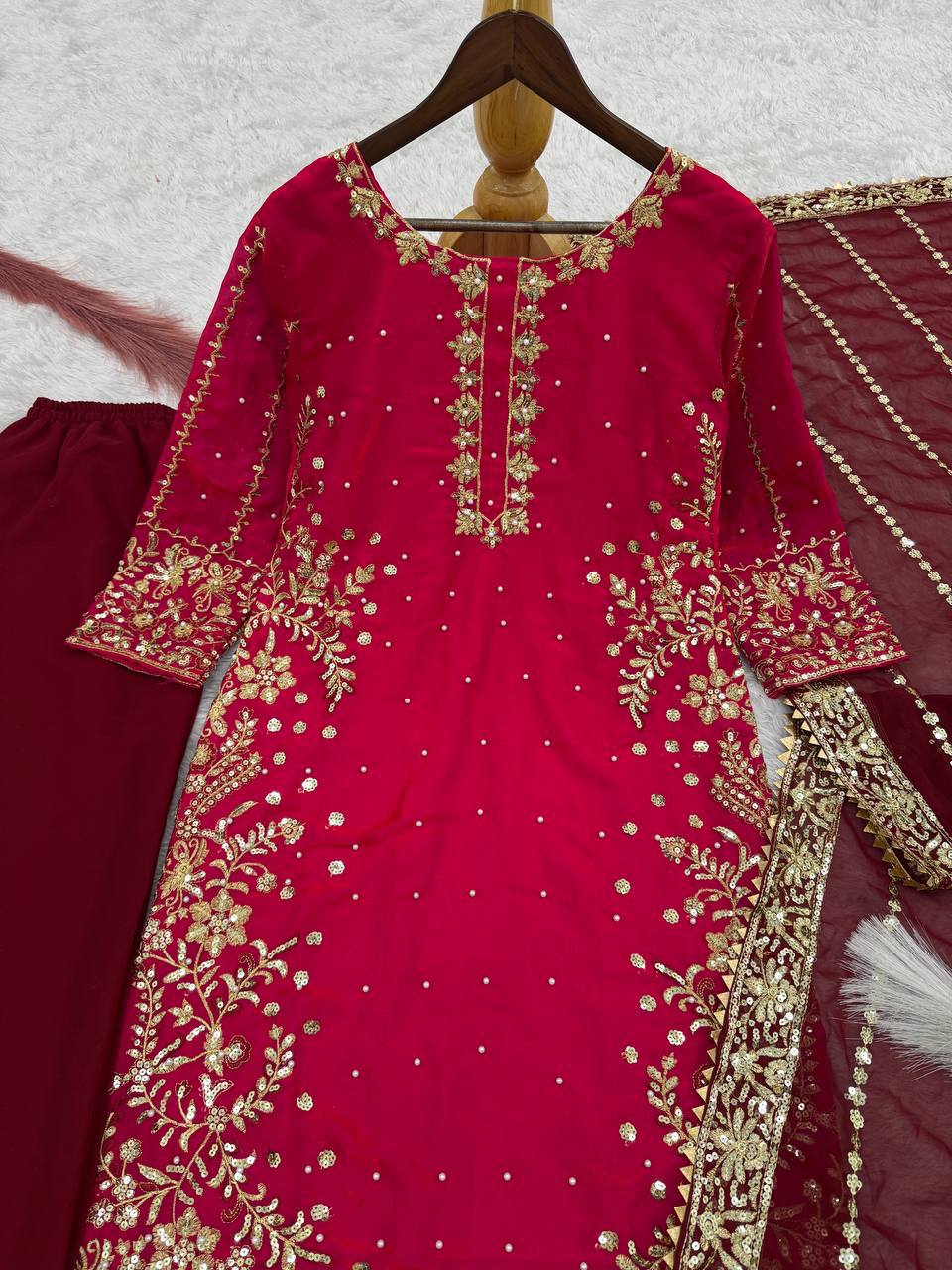 Blissful Red Color Heavy Frendy Silk Beautiful Embroidery And Sequence Work Palazzo Suit