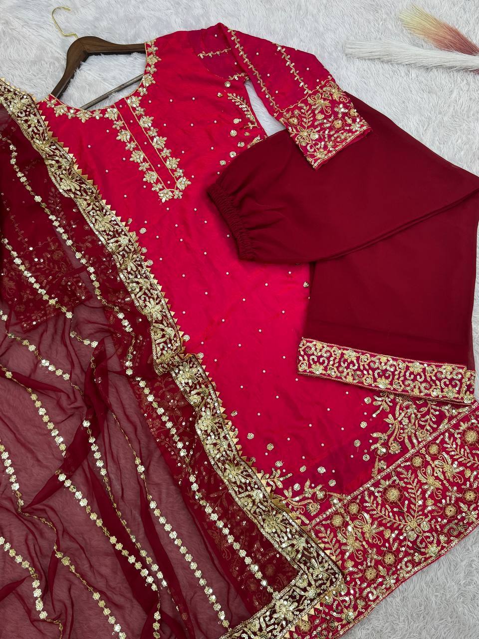 Blissful Red Color Heavy Frendy Silk Beautiful Embroidery And Sequence Work Palazzo Suit