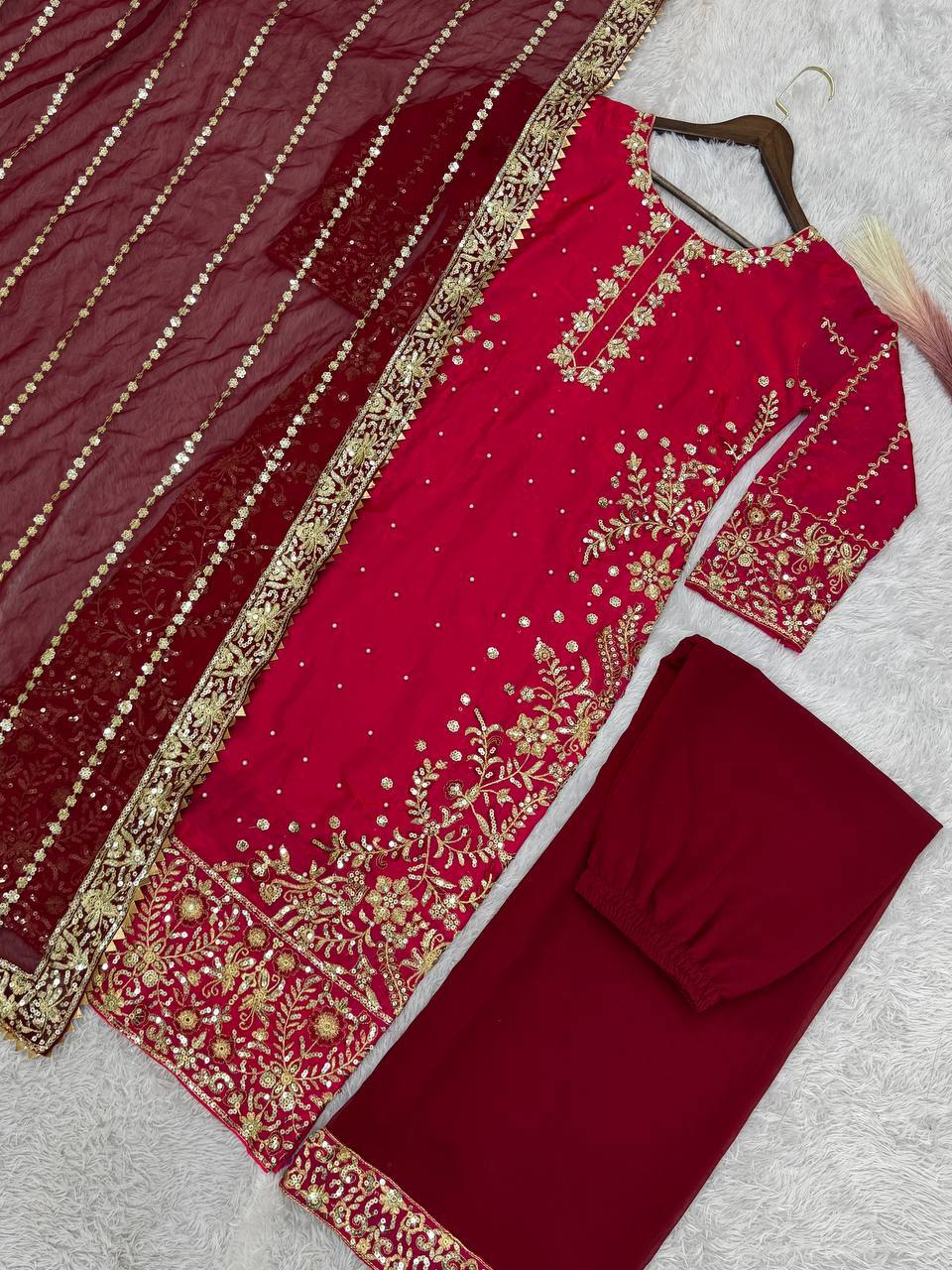 Blissful Red Color Heavy Frendy Silk Beautiful Embroidery And Sequence Work Palazzo Suit