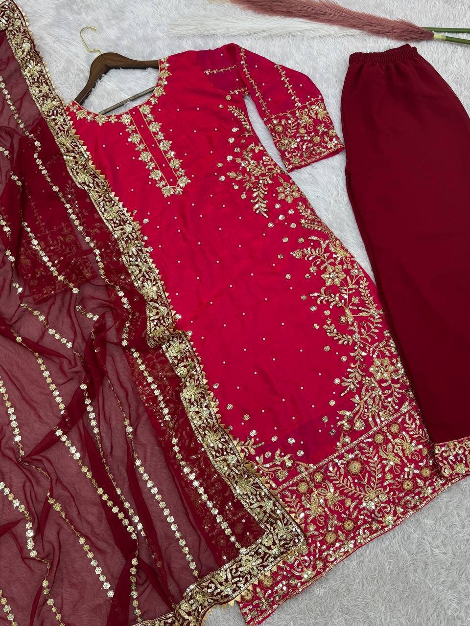 Blissful Red Color Heavy Frendy Silk Beautiful Embroidery And Sequence Work Palazzo Suit