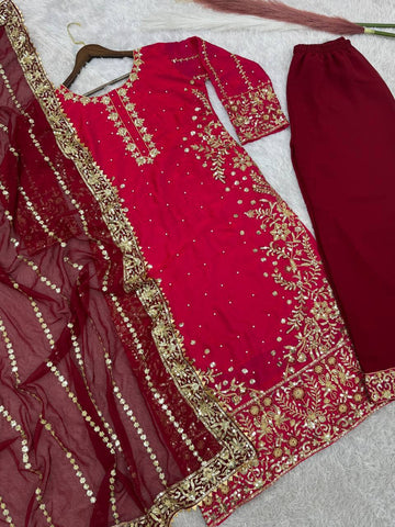 Blissful Red Color Heavy Frendy Silk Beautiful Embroidery And Sequence Work Palazzo Suit