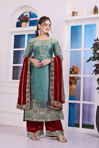 Wonderful Green Color Heavy Frendy Silk Beautiful Embroidery And Sequence Work Palazzo Suit