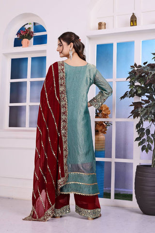 Wonderful Green Color Heavy Frendy Silk Beautiful Embroidery And Sequence Work Palazzo Suit