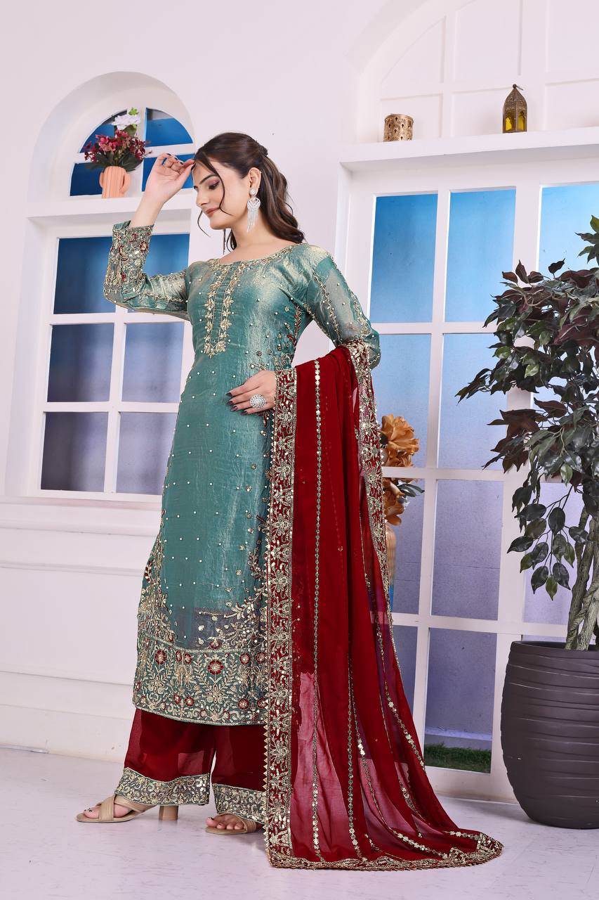 Wonderful Green Color Heavy Frendy Silk Beautiful Embroidery And Sequence Work Palazzo Suit