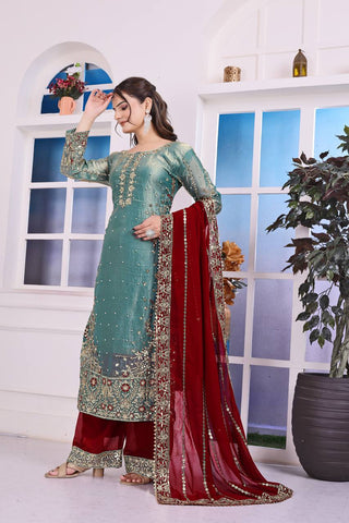 Wonderful Green Color Heavy Frendy Silk Beautiful Embroidery And Sequence Work Palazzo Suit