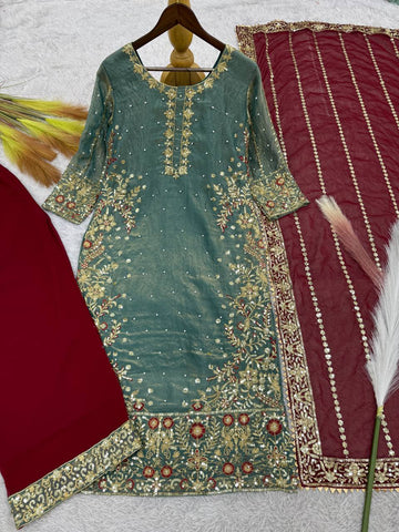 Wonderful Green Color Heavy Frendy Silk Beautiful Embroidery And Sequence Work Palazzo Suit