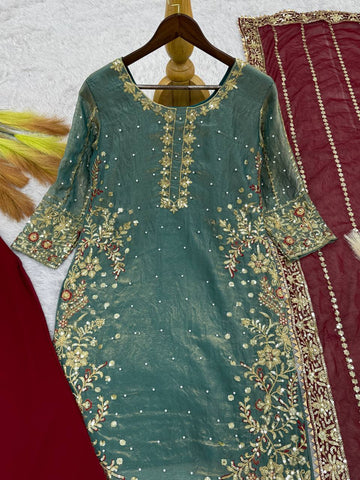 Wonderful Green Color Heavy Frendy Silk Beautiful Embroidery And Sequence Work Palazzo Suit