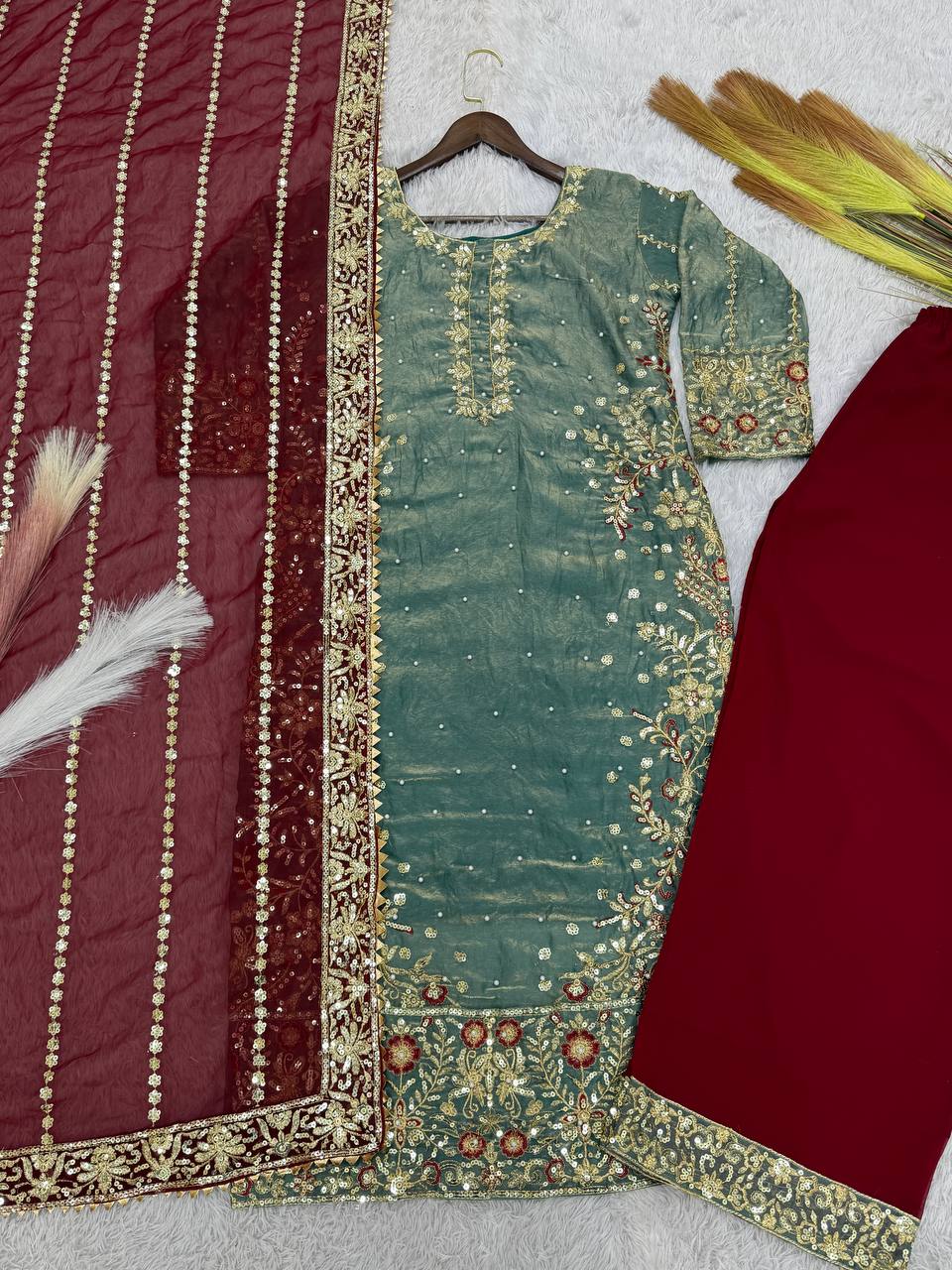 Wonderful Green Color Heavy Frendy Silk Beautiful Embroidery And Sequence Work Palazzo Suit
