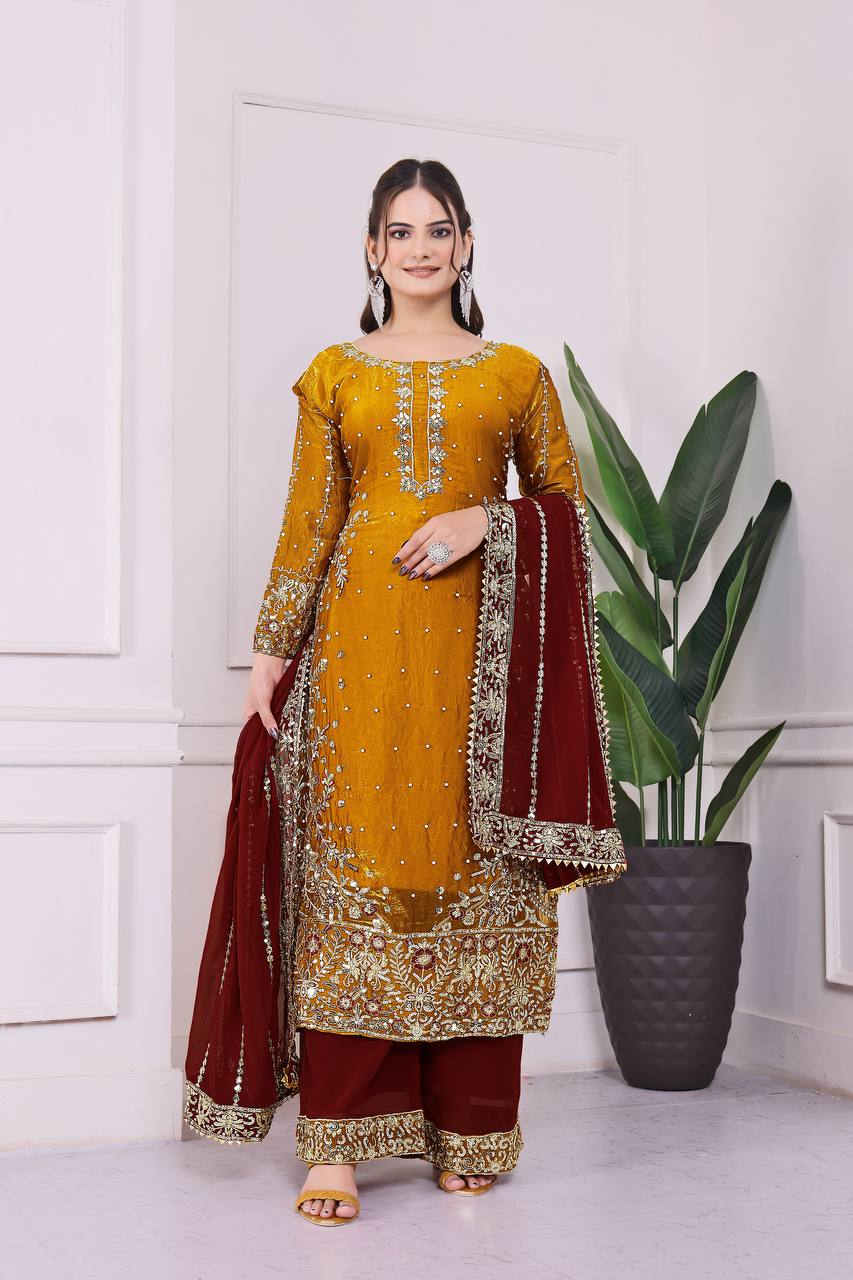 Fantastic Mustard Color Heavy Frendy Silk Beautiful Embroidery And Sequence Work Palazzo Suit