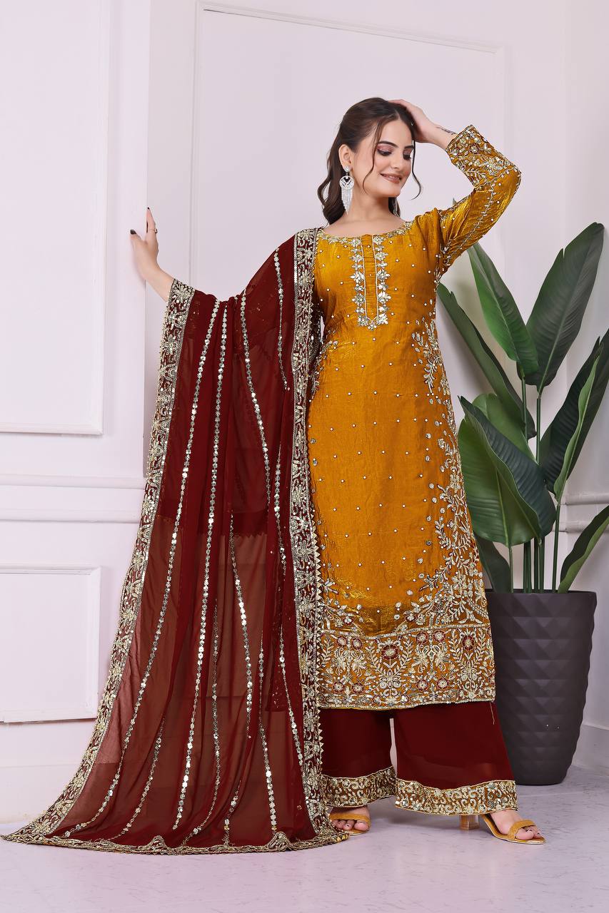 Fantastic Mustard Color Heavy Frendy Silk Beautiful Embroidery And Sequence Work Palazzo Suit