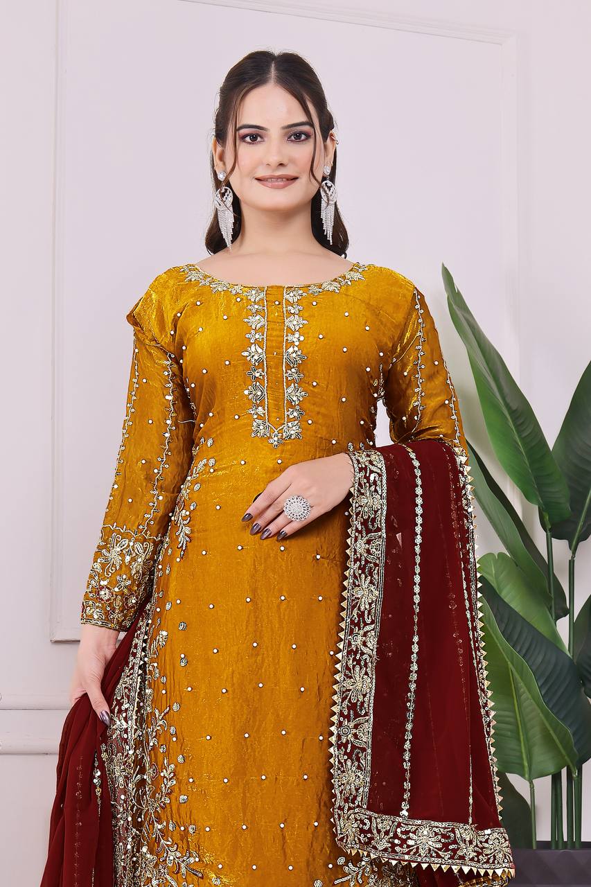 Fantastic Mustard Color Heavy Frendy Silk Beautiful Embroidery And Sequence Work Palazzo Suit
