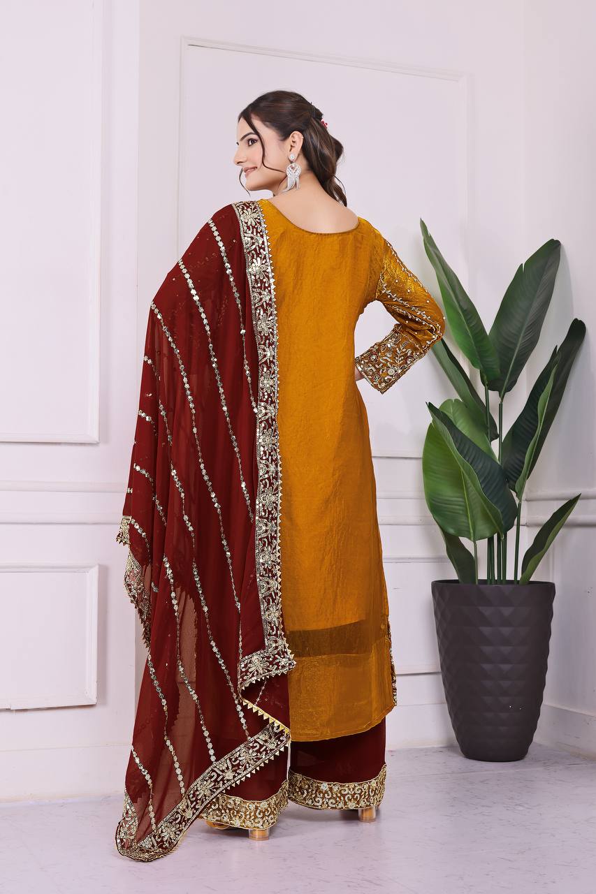 Fantastic Mustard Color Heavy Frendy Silk Beautiful Embroidery And Sequence Work Palazzo Suit
