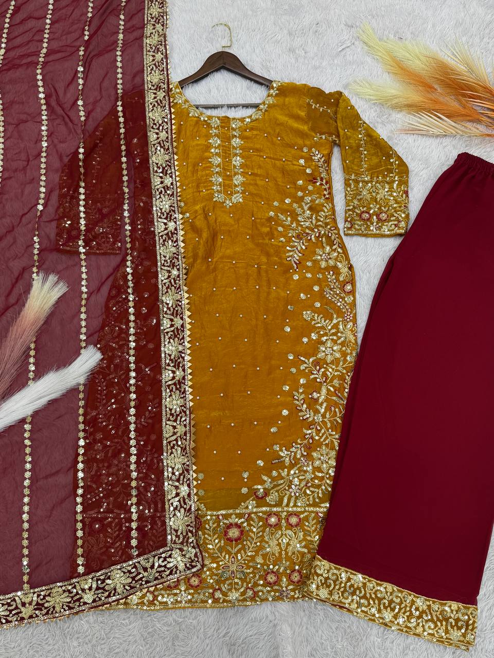 Fantastic Mustard Color Heavy Frendy Silk Beautiful Embroidery And Sequence Work Palazzo Suit