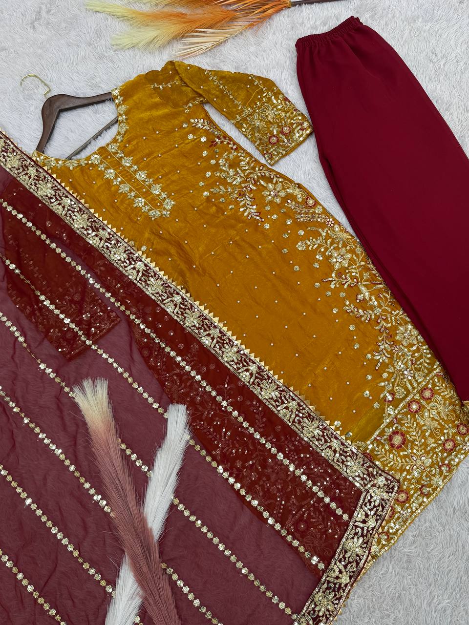 Fantastic Mustard Color Heavy Frendy Silk Beautiful Embroidery And Sequence Work Palazzo Suit