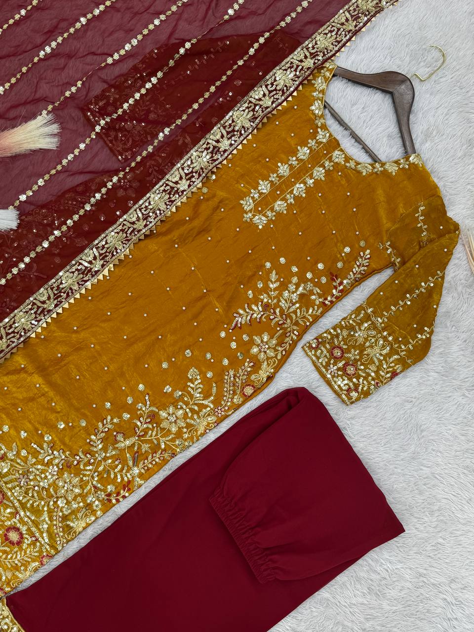 Fantastic Mustard Color Heavy Frendy Silk Beautiful Embroidery And Sequence Work Palazzo Suit