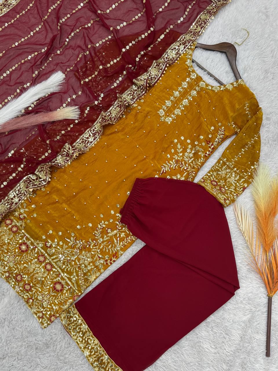 Fantastic Mustard Color Heavy Frendy Silk Beautiful Embroidery And Sequence Work Palazzo Suit